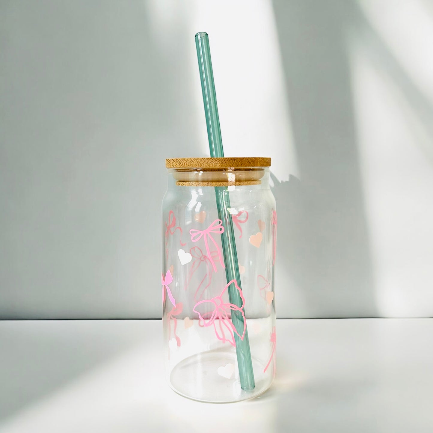 Pink Coquette Bow Glass Can with Straw