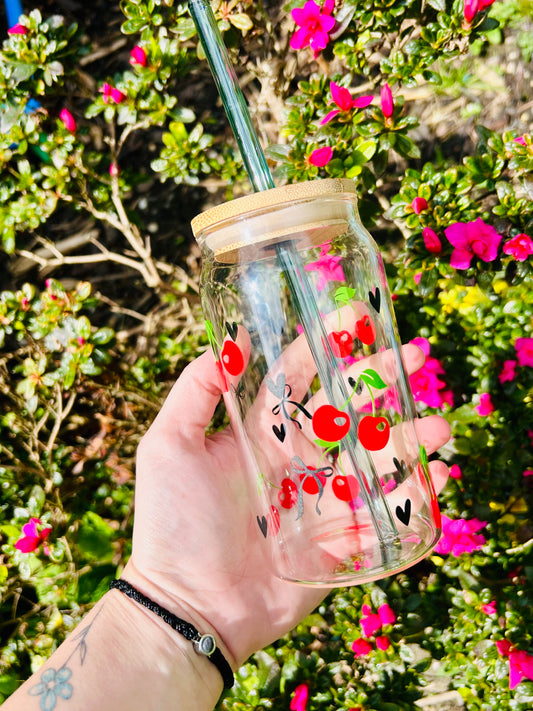 Red and Black Cherry Glass Can with Straw