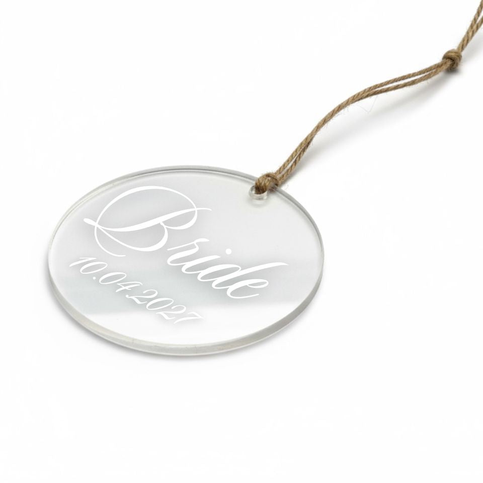 Personalised Acrylic Disc Hanger Tag – Bride & Wedding Party Name with Twine