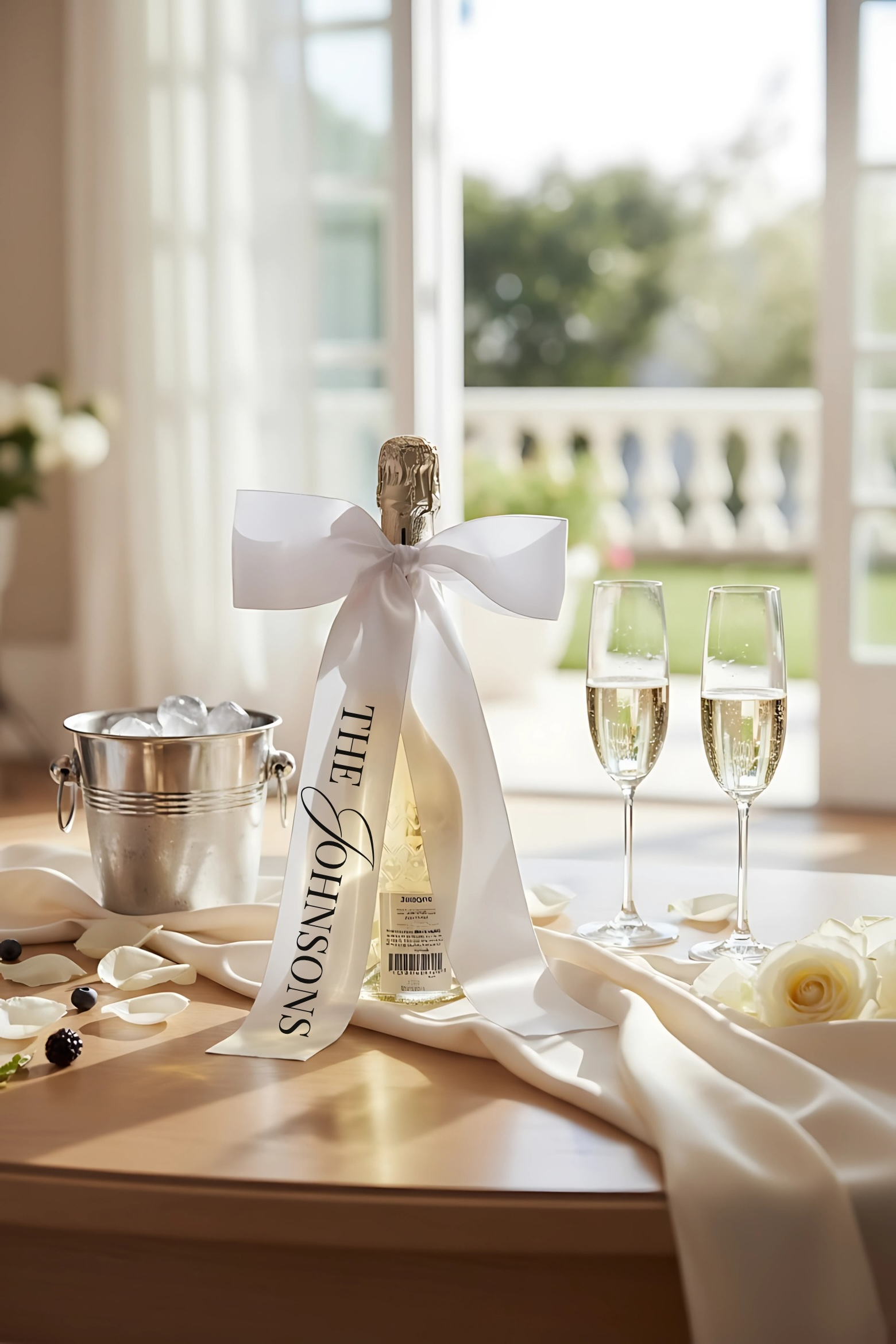 Large Wedding Ribbon Bow for Champagne Bottles – White Silk & Colour Options, Perfect Wedding Display or Bride & Groom Gift
