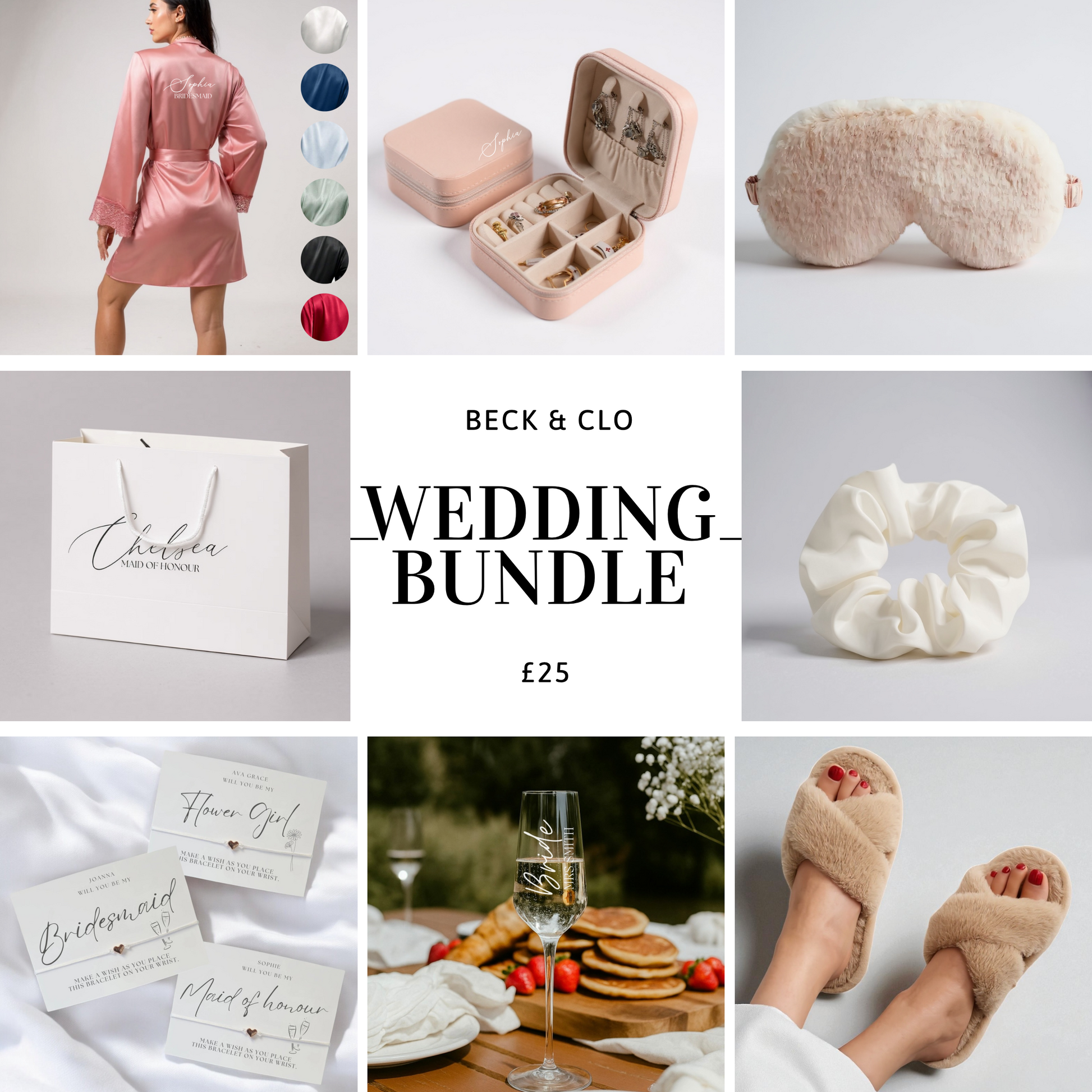 Bridesmaid & Maid of Honour Wedding Gift Bundle – Personalised Robe, Jewellery Box, Champagne Flute & More