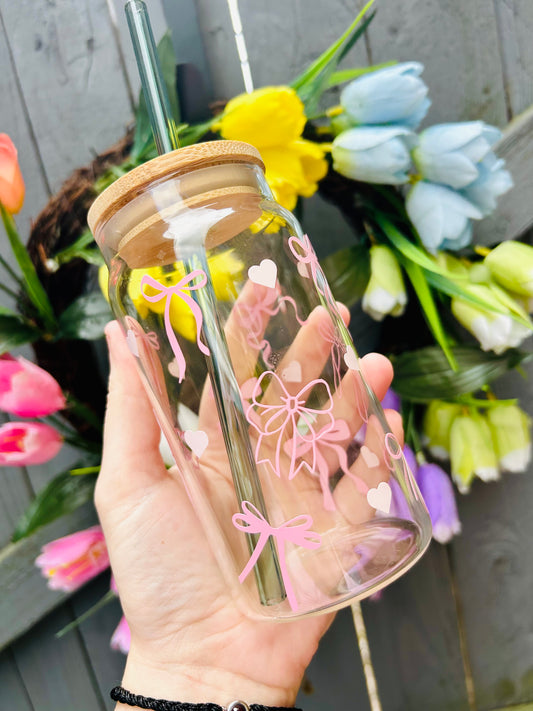 Pink Coquette Bow Glass Can with Straw