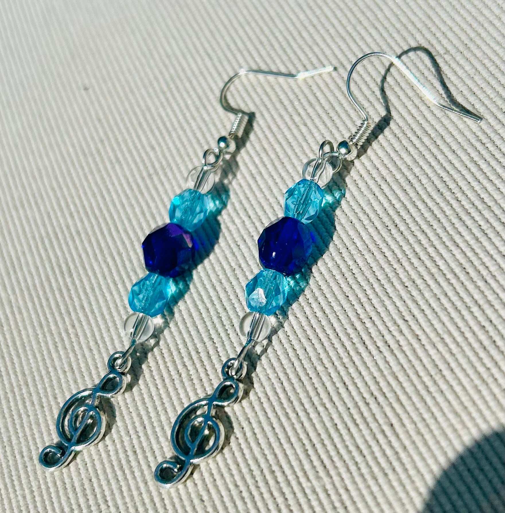 Blue Crystal Bead Music Note Earrings