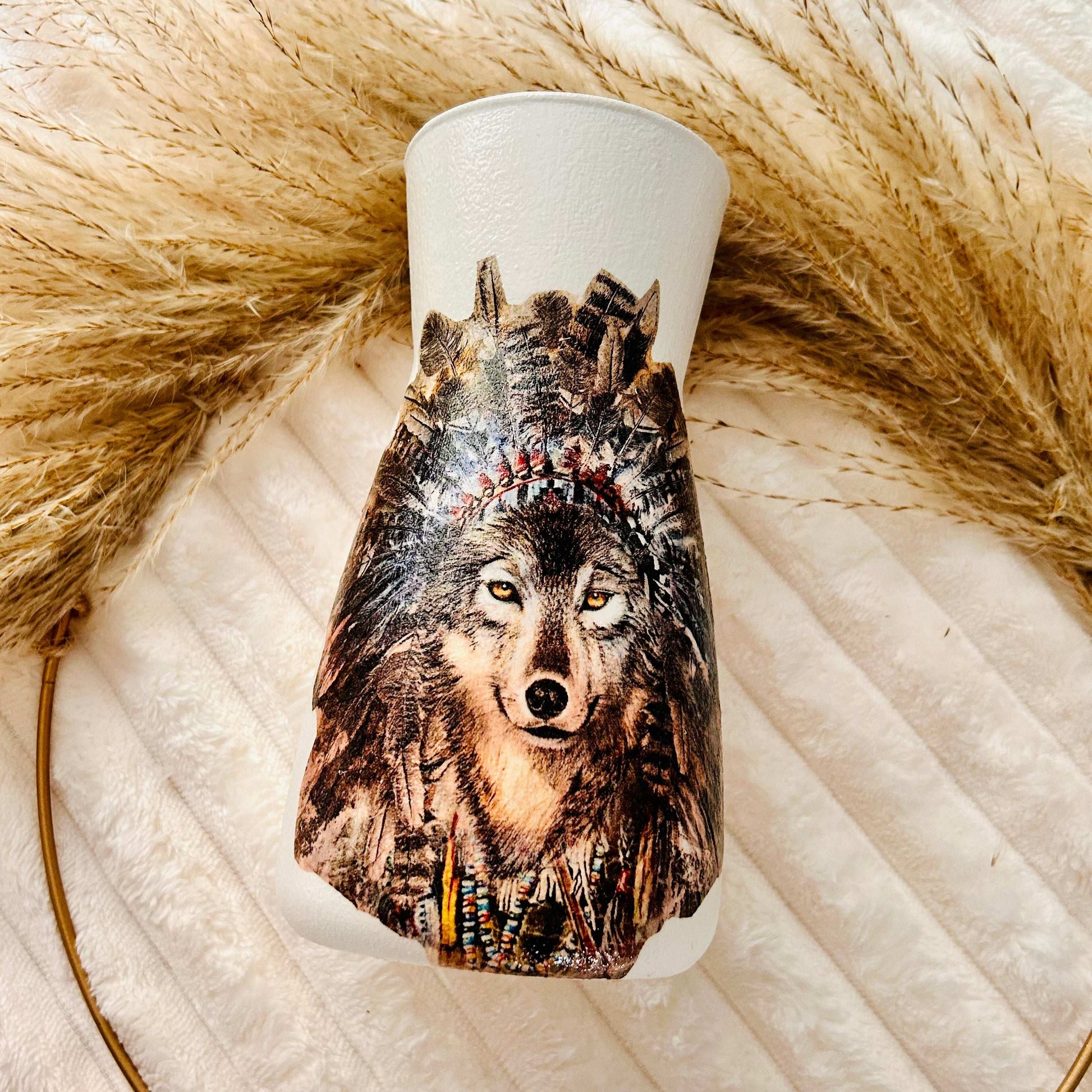 Tribal Wolf Decoupage Vase