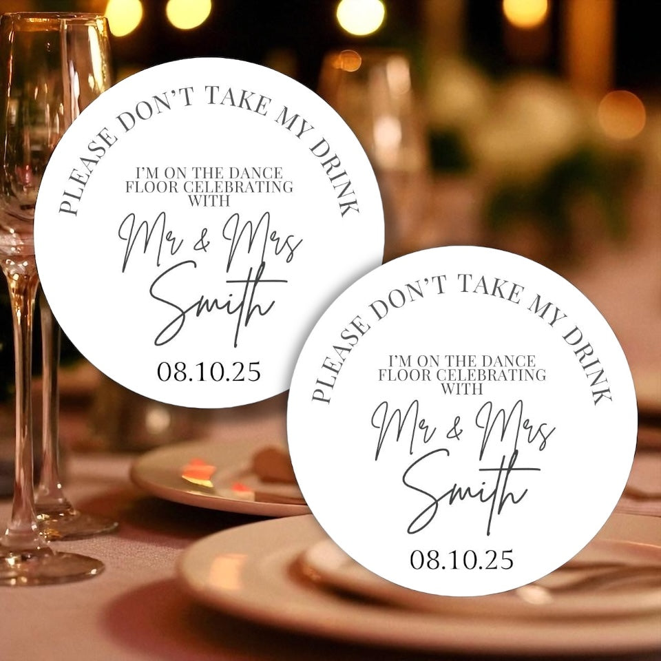Personalised Wedding Drink Cards – “I’m Dancing, Don’t Take My Drink” Placeholders for Wedding Guests