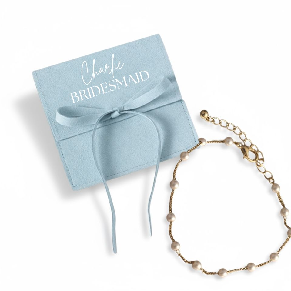 Personalised Blue Suede Jewellery Pouch with Ribbon & Gold Pearl Bead Bracelet – Custom Name Gift