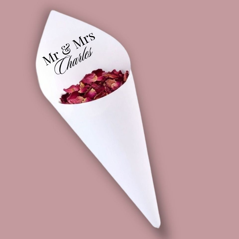 Personalised Paper Confetti Cones for Weddings – Bride & Groom Names – Custom Wedding Accessories